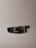 Black Leather Signature Logo Charm Belt  Women