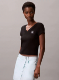Black Ribbed Cotton V-Neck T-shirt  Women