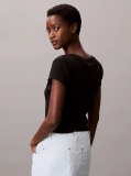Black Ribbed Cotton V-Neck T-shirt  Women