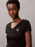 Black Ribbed Cotton V-Neck T-shirt  Women