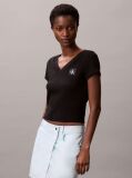 Black Ribbed Cotton V-Neck T-shirt  Women