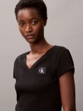 Black Ribbed Cotton V-Neck T-shirt  Women