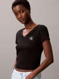 Black Ribbed Cotton V-Neck T-shirt  Women