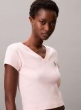Pink Ribbed Cotton V-Neck T-shirt  Women
