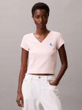 Pink Ribbed Cotton V-Neck T-shirt  Women