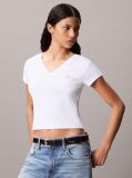 Λευκό Ριμπ Βαμβακερό T-shirt Με V Λαιμόκοψη  Γυναίκα