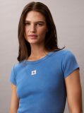 Blue Slim Ribbed Washed Cotton T-shirt  Women