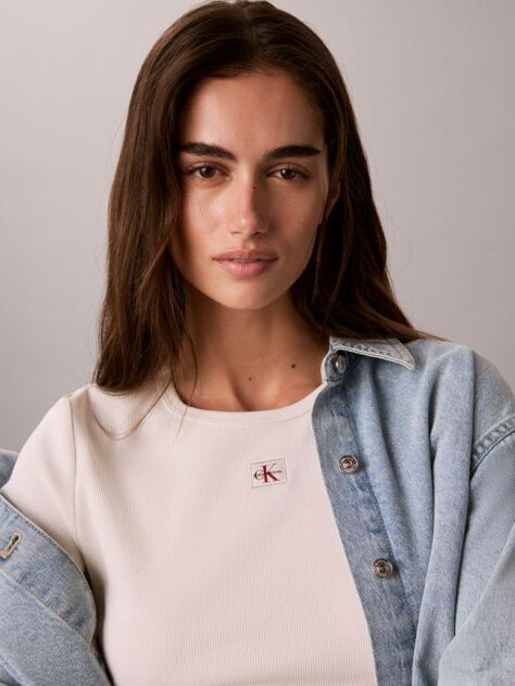 White Woven Label Long Sleeve T-Shirt  Women