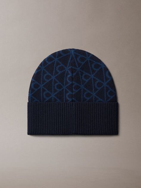 Blue Jacquard Emblem Wool Blend Beanie  Men