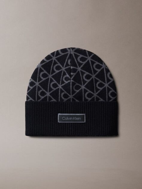 Black Jacquard Emblem Wool Blend Beanie  Men