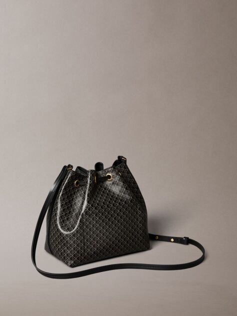 Black Coated Emblem Print Drawstring Bucket Bag  Women