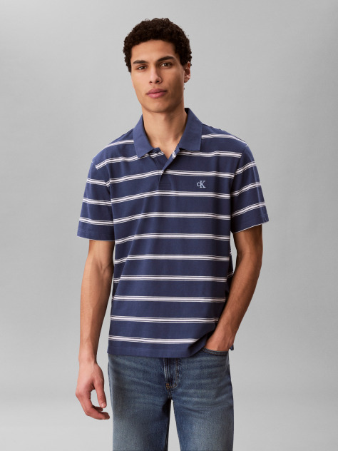 Blue Short Sleeve Easy 16S Jersey Stripe Polo Shirt  Men