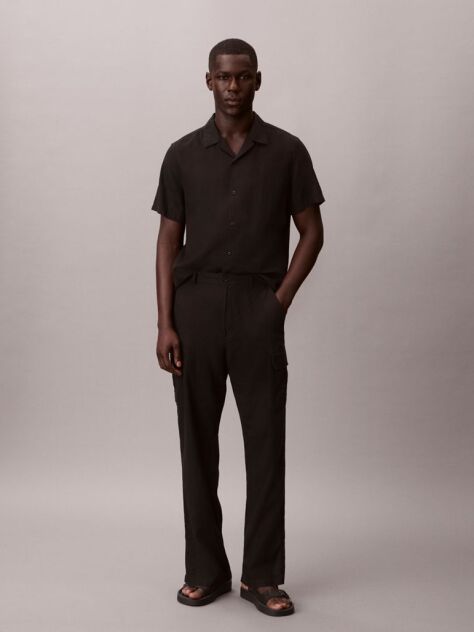 Black Relaxed Straight Linen Blend Cargo Pants  Men
