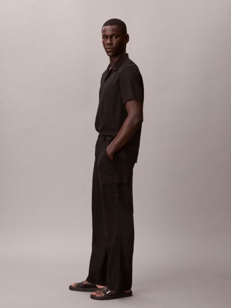 Black Relaxed Straight Linen Blend Cargo Pants  Men