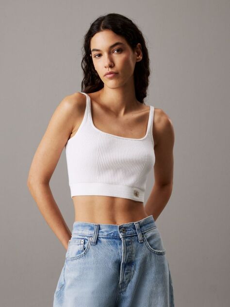 Λευκό Ριμπ Βαμβακερό Bralette Τοπ  Γυναίκα