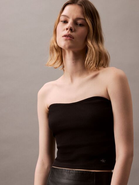 Μαύρο Ριμπ Βαμβακερό Strapless Τοπ  Γυναίκα