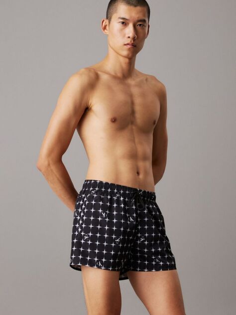 Black Short Drawstring Swim Shorts - CK Monogram  Men