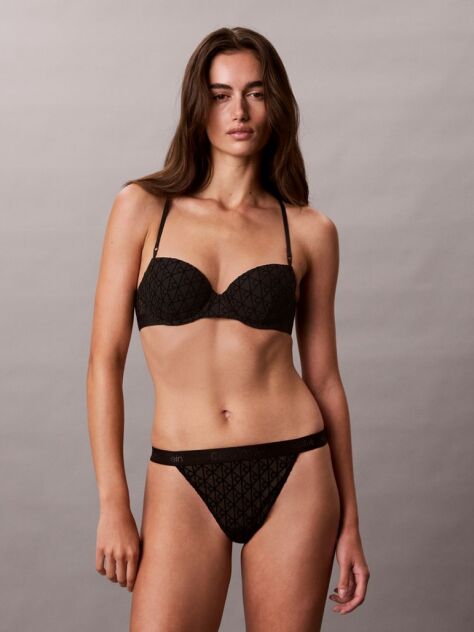 Black High Leg Thong - Emblem Flocked Mesh  Women