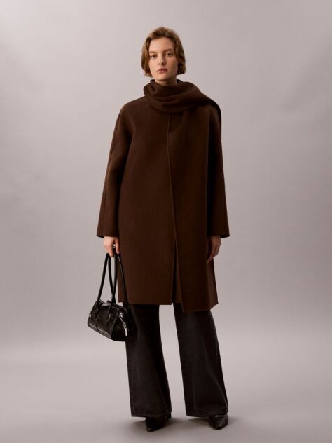 Brown Wool Blend Scarf Coat  Women