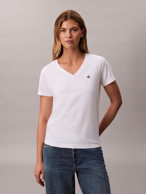 Λευκό Άνετο T-shirt Με V-Λαιμόκοψη Και Μονόγραμμα  Γυναίκα