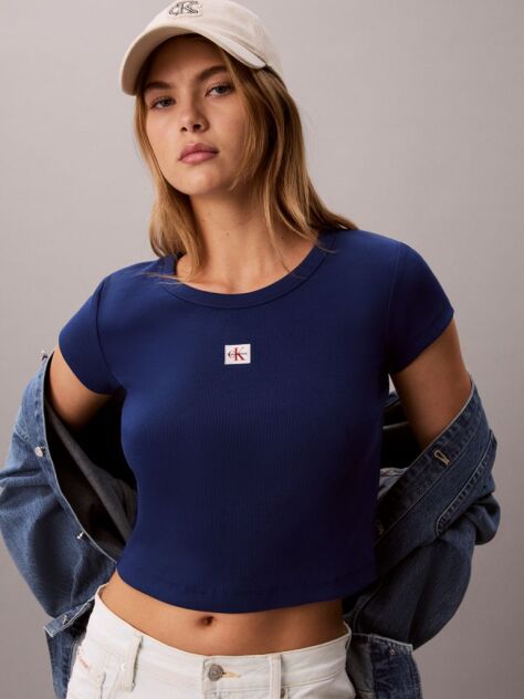 Μπλε T-Shirt Σε Slim Γραμμή Και Βαμβακερό Ριμπ  Γυναίκα