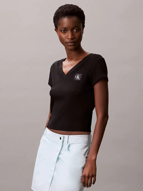 Black Ribbed Cotton V-Neck T-shirt  Women