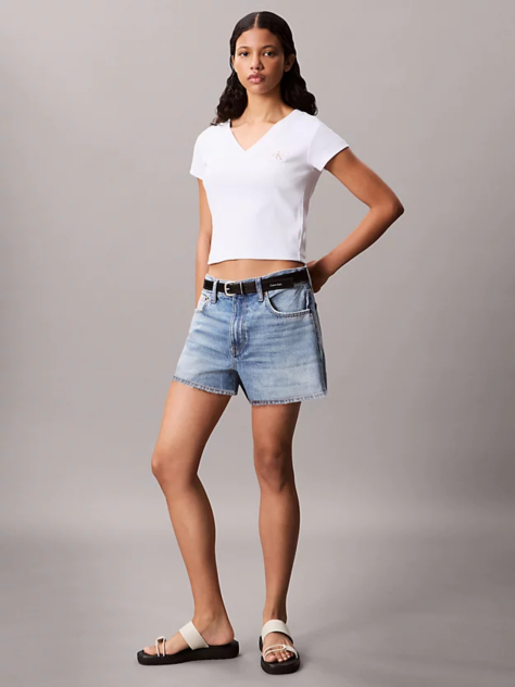 White Ribbed Cotton V-Neck T-shirt  Women