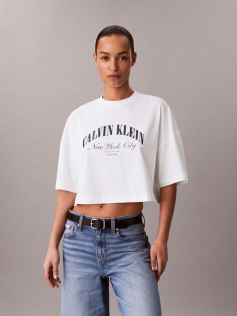 White Cropped Varsity Logo T-shirt  Women
