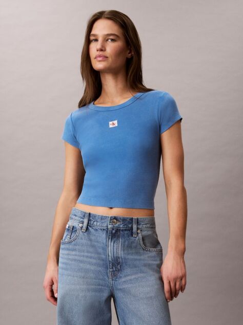 Blue Slim Ribbed Washed Cotton T-shirt  Women