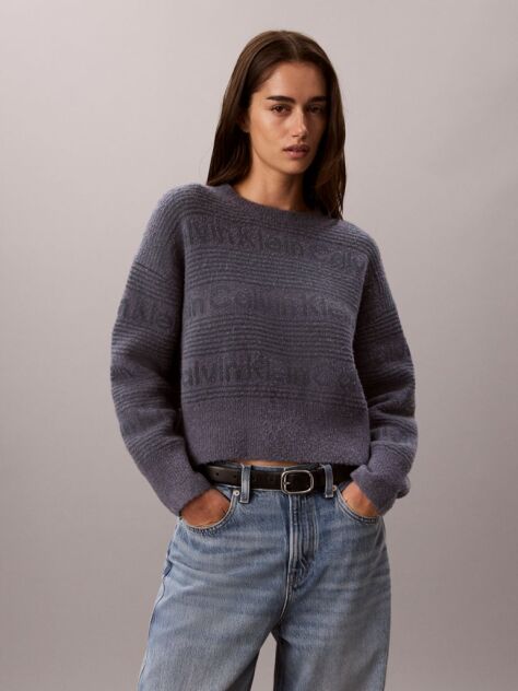 Blue Cotton Wool Textured Logo Jumper  Women