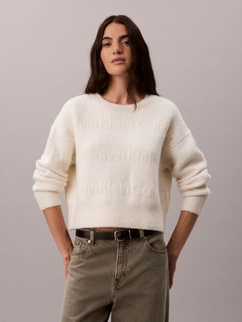 White Cotton Wool Textured Logo Jumper  Women
