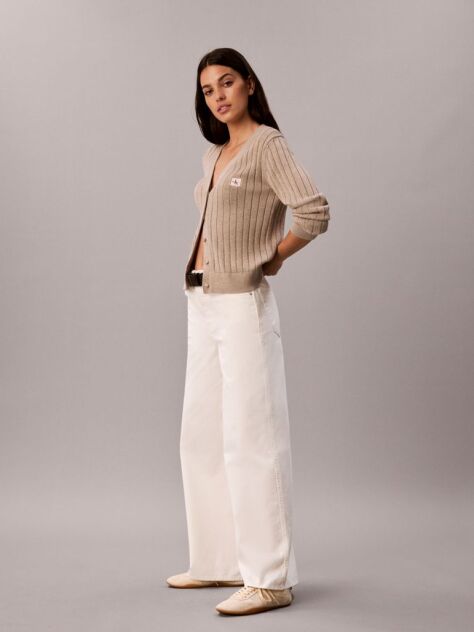 White Cotton Twill Wide Leg Trousers  Women