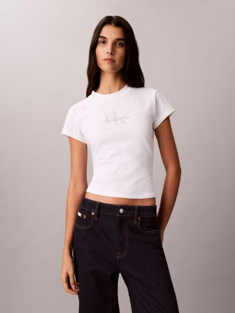 Λευκό Κοντό T-shirt Monologo  Γυναίκα