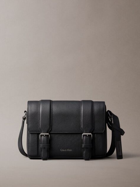 Black Small Leather Flap Messenger Bag  Men