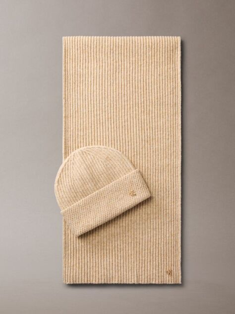 Beige Wool Blend Scarf and Beanie Gift Set  Women