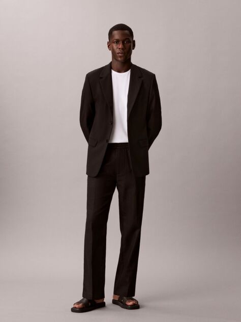 Black Linen Cotton Drawstring Trousers  Men