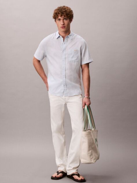 Blue Short Sleeve Solid Causal Linen Classic Shirt  Men