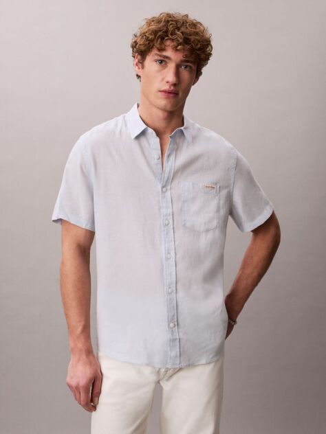 Blue Short Sleeve Solid Causal Linen Classic Shirt  Men