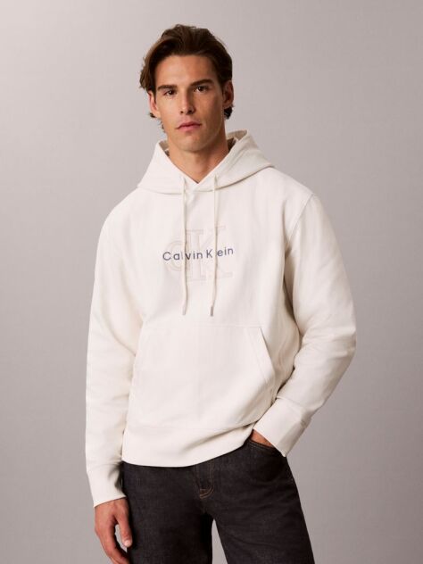 Λευκό Hoodie Premium Terry Με Κουκούλα Και Denim Λογότυπο  Άνδρας