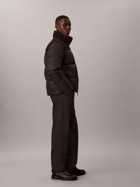 Black Nylon Corduroy Down Puffer Jacket  Men