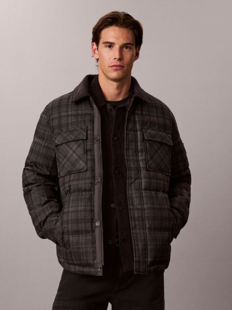 Grey Plaid Check Puffer Shirt Jacket  Men