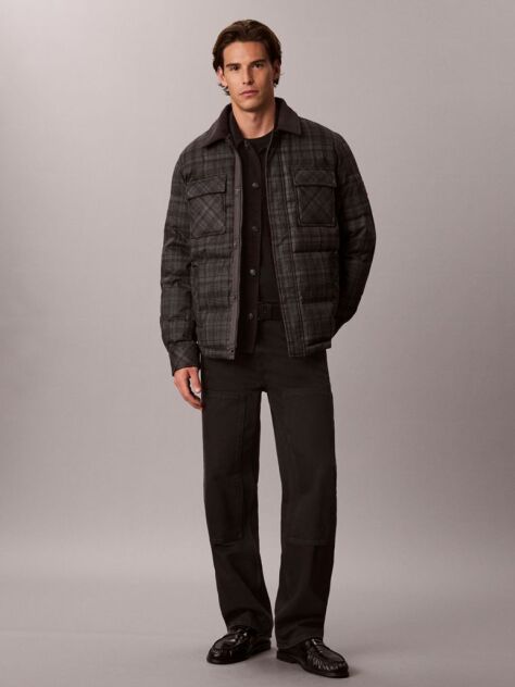 Grey Plaid Check Puffer Shirt Jacket  Men