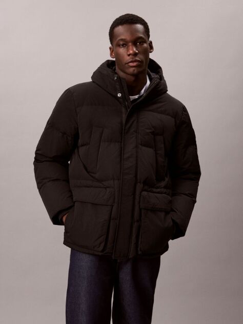 Black Iridescent Hooded Down Puffer Jacket  Men