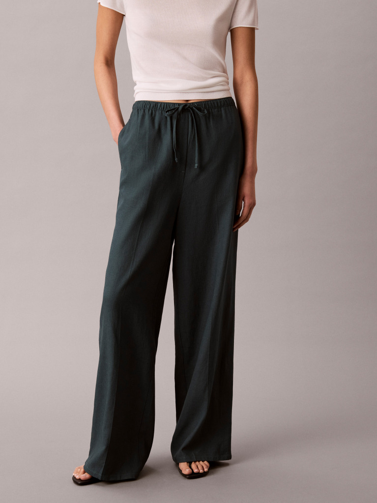 Blue Linen Blend Wide Leg Trousers  Women