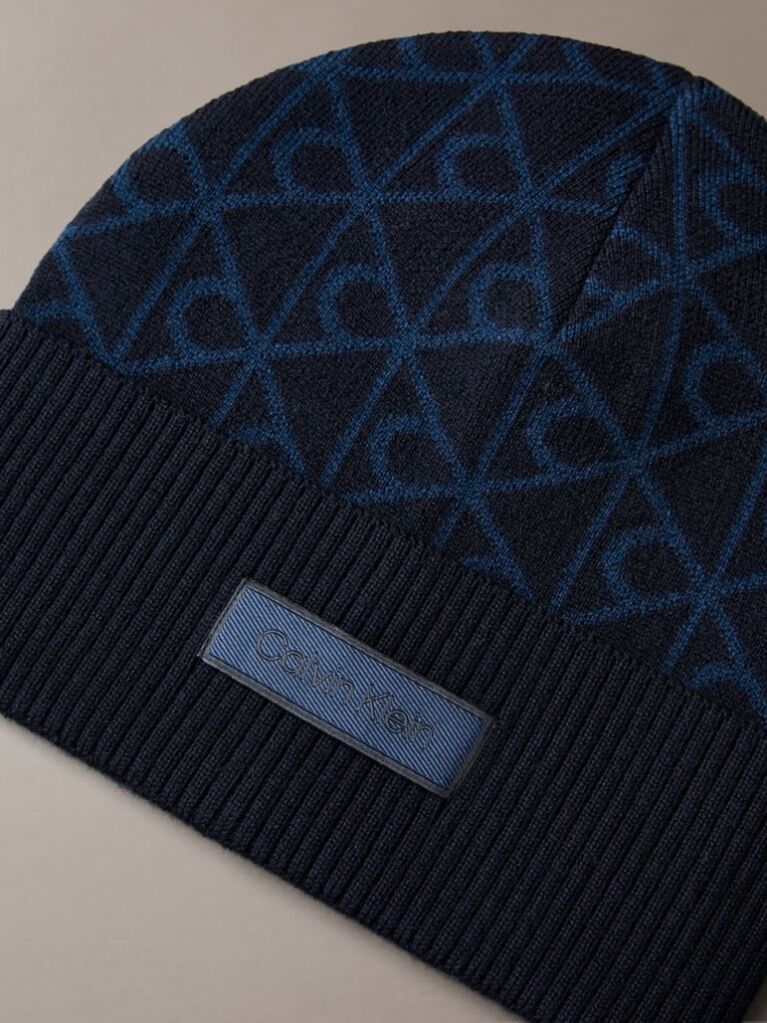 Blue Jacquard Emblem Wool Blend Beanie  Men