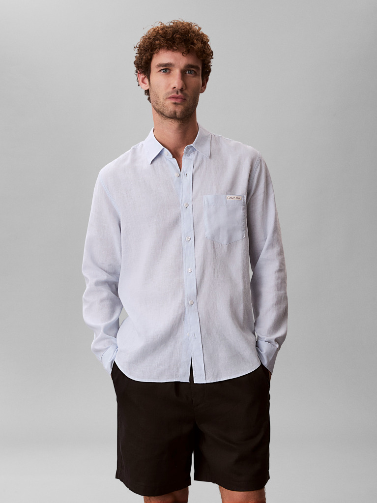 White Long Sleeve Solid Casual Linen Classic Shirt  Men