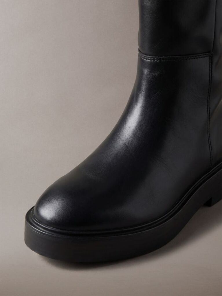 Black Leather Stacked Heel Knee-High Boots  Women