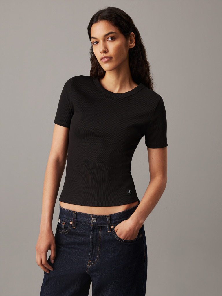 Black Slim Ribbed Cotton T-shirt  Women