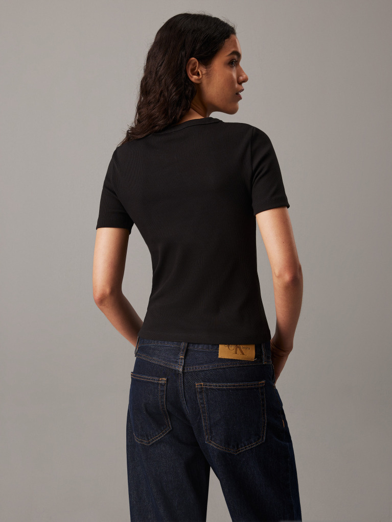 Black Slim Ribbed Cotton T-shirt  Women