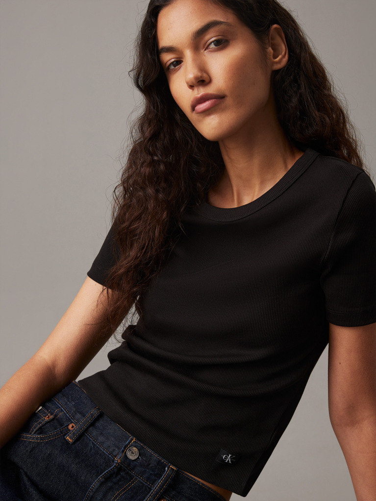 Black Slim Ribbed Cotton T-shirt  Women